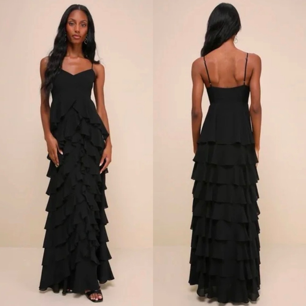 NWT Lulus Regal Moment Black Sleeveless Ruffled Tiered Maxi Dress